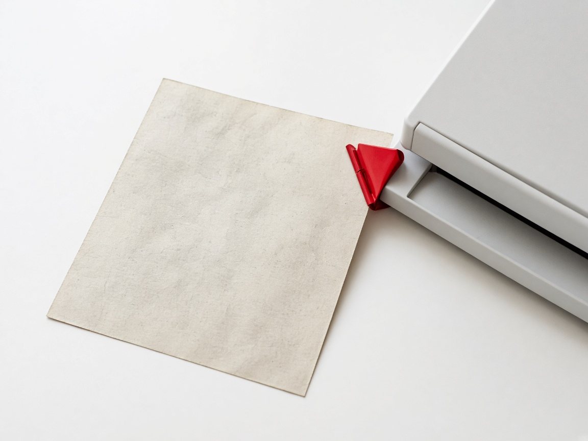A sheet of paper held by a scarlet clip as it meets a white scanner.