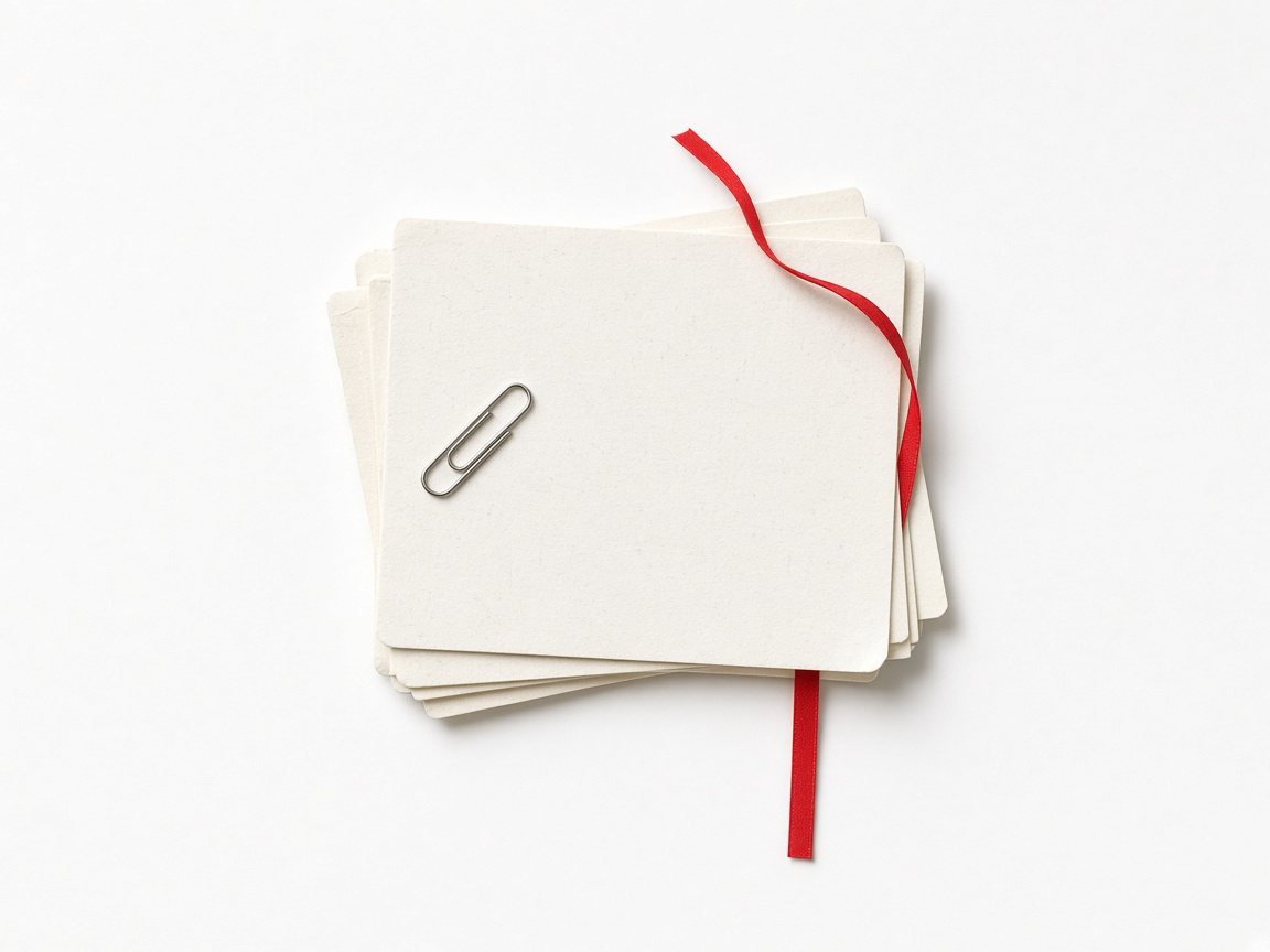 Archival cards stacked on a white surface with a scarlet ribbon marking a place in the pile.