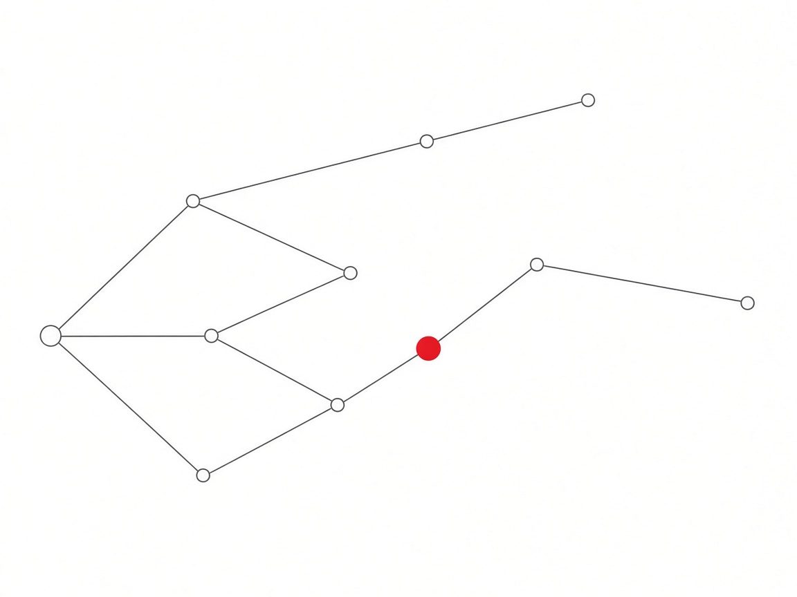A sparse diagram of connected points on white, with one point marked in scarlet.