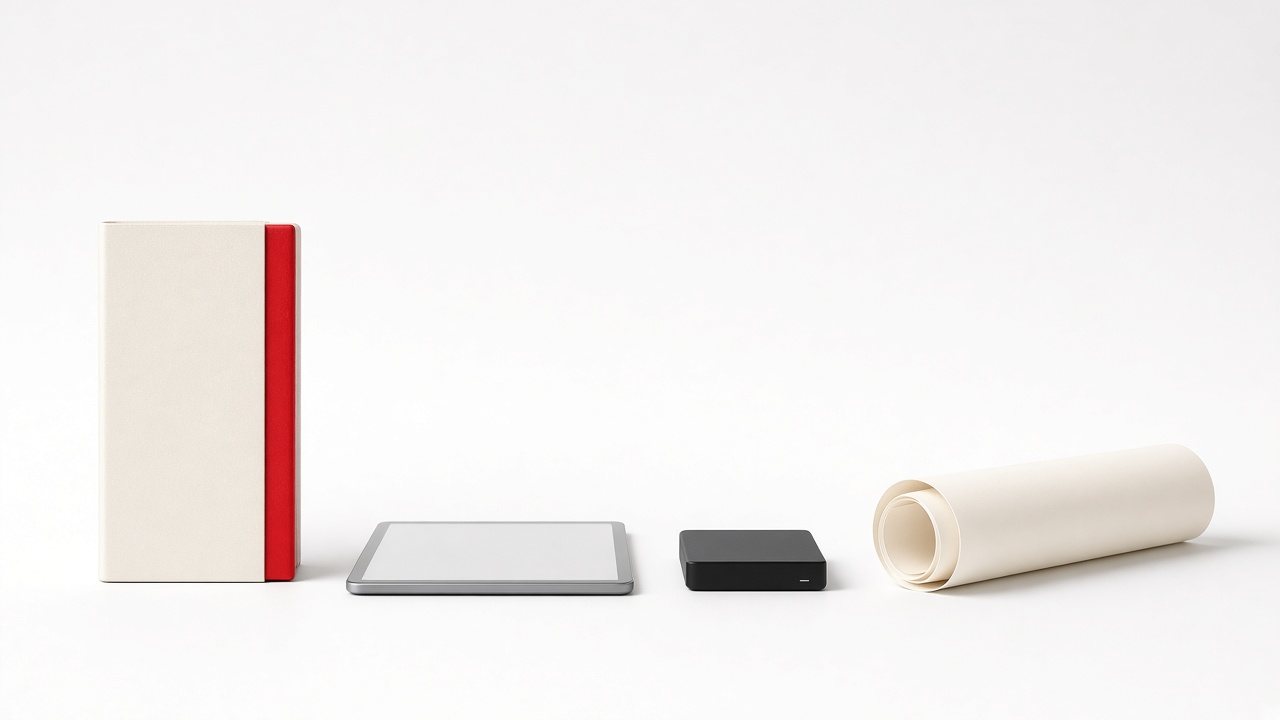 A binder, a tablet, a drive, and a rolled drawing arranged apart on a white surface.